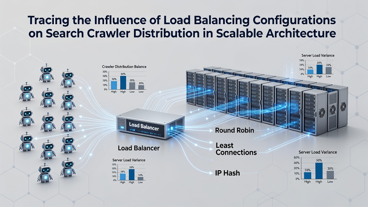 Server log analysis screen displaying crawler request distribution metrics across load-balanced nodes after an infrastructure update